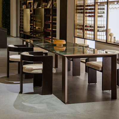 750 mm mesa de jantar de mármore verde brilhante rectangular com borda de alumínio